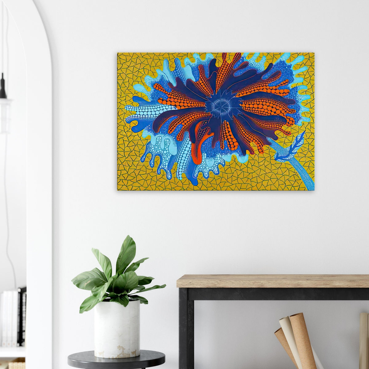 Yayoi Kusama canvas print — Flower (B) treats a single flowering motif as a complete visual world