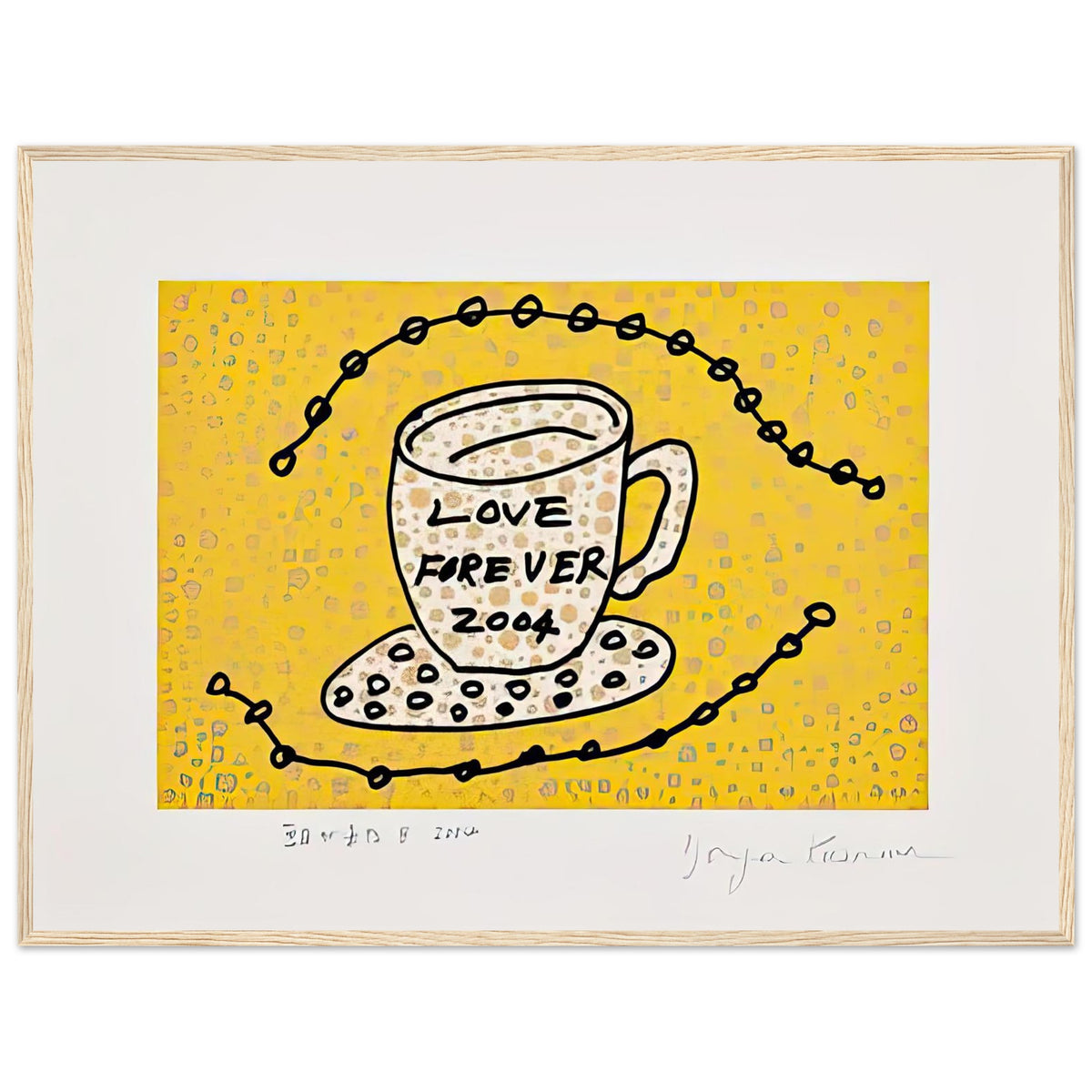 Yayoi Kusama framed print — Morning Is Here (B) joins a series of compact 2004 prints in which the beginning of the day becomes a subject for personal symbols and tightly controlled graphic, wood frame, 60x80 cm / 24x32″