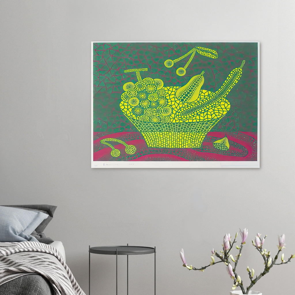 Yayoi Kusama poster — Fruit Basket (4) by Yayoi Kusama explores one of the artist’s recurring subjects: the abundance of ordinary fruit
