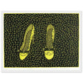 Yayoi Kusama framed print — Shoes (3) turns a footwear object into an image about shape, balance and individuality, white frame, 30x40 cm / 12x16″