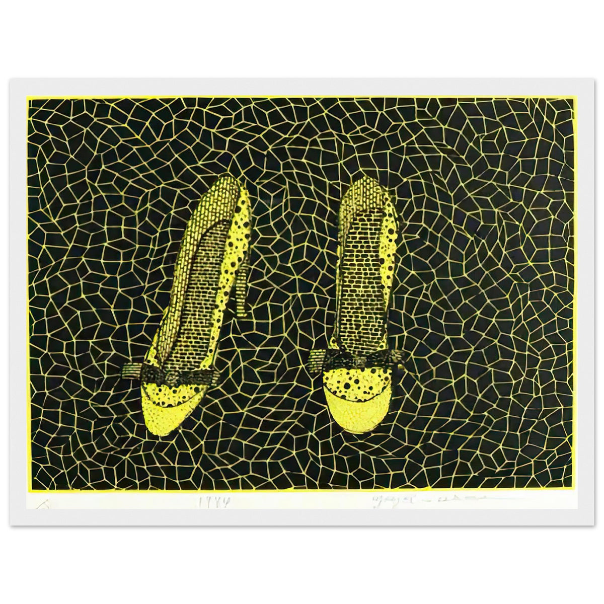 Yayoi Kusama framed print — Shoes (3) turns a footwear object into an image about shape, balance and individuality, white frame, 30x40 cm / 12x16″