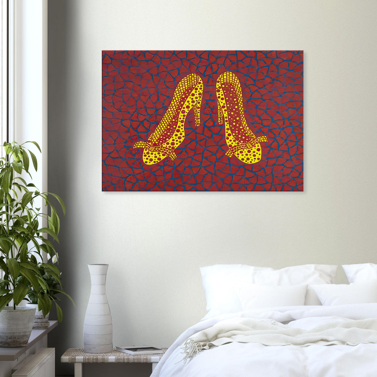Yayoi Kusama canvas print — High Heels (1) makes a fashion accessory the protagonist of a Kusama print