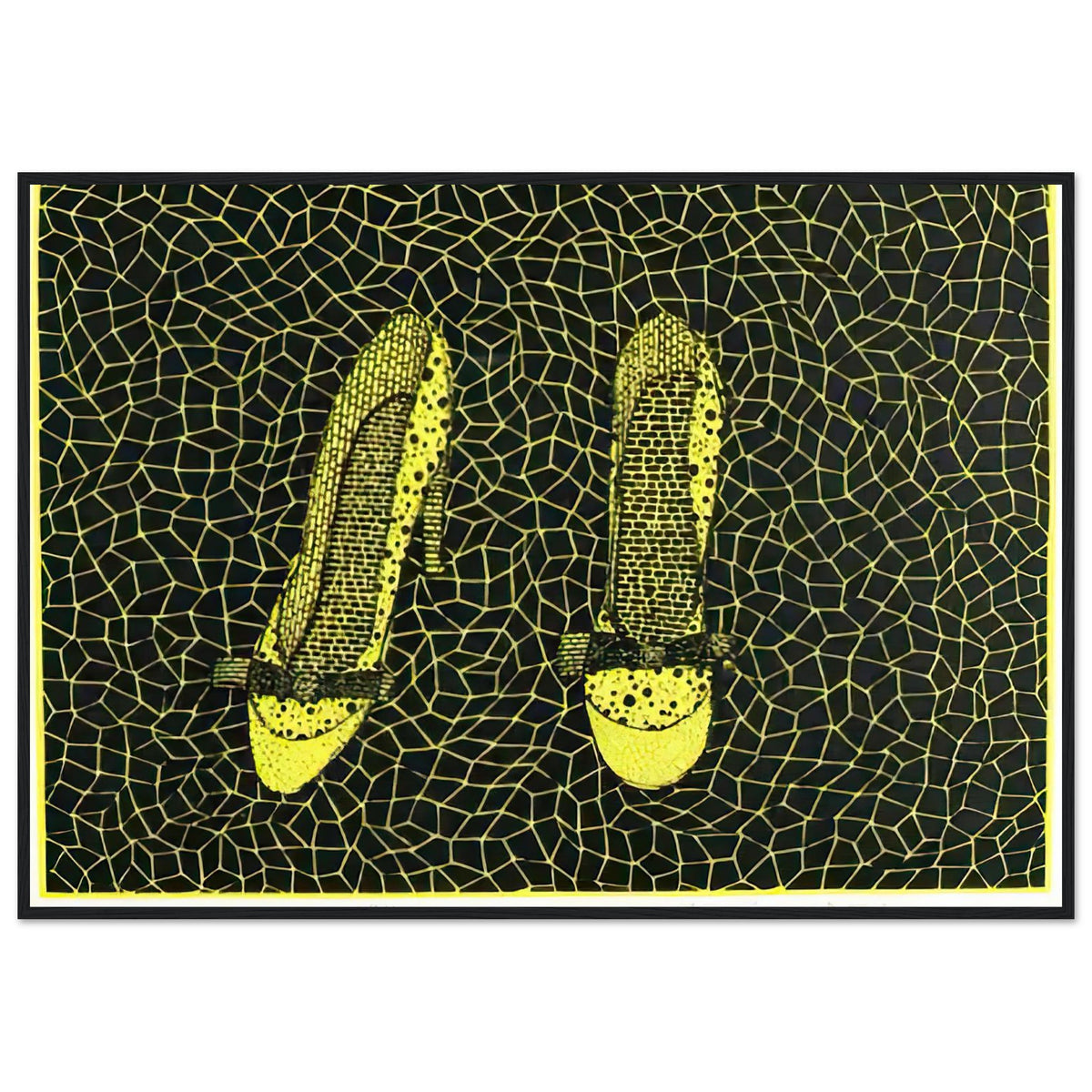 Yayoi Kusama framed print — Shoes (3) turns a footwear object into an image about shape, balance and individuality, black frame, 70x100 cm / 28x40″
