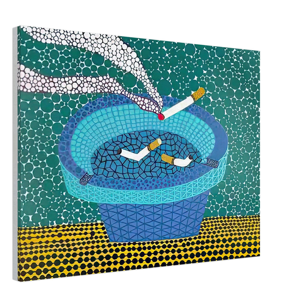 Yayoi Kusama canvas print — Ashtray (2) returns to the everyday smoking accessory but distinguishes this image as a second listed treatment of the motif, 45x60 cm / 18x24″