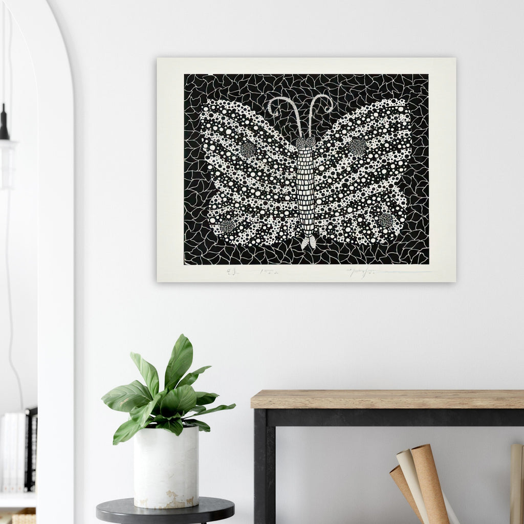 Yayoi Kusama poster — Butterfly [Kusama 18] by Yayoi Kusama takes the lightness of a butterfly and gives it graphic intensity through pattern
