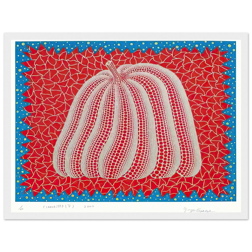 Yayoi Kusama framed print — Citrouille II from Amour pour Toujours gives Kusama’s beloved pumpkin a celebratory role within a portfolio devoted to love, white frame, 30x40 cm / 12x16″