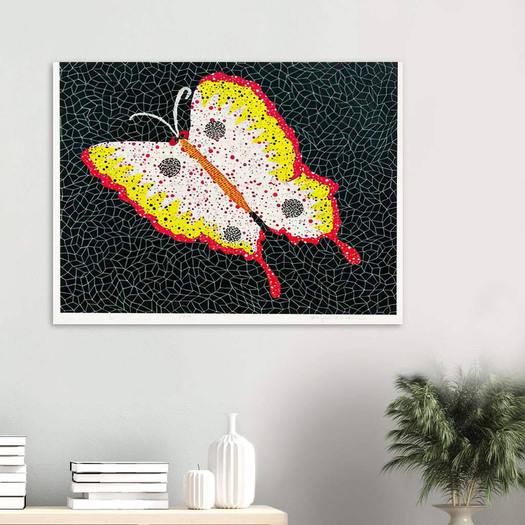 Yayoi Kusama poster — Butterfly [Kusama 81] by Yayoi Kusama takes the lightness of a butterfly and gives it graphic intensity through pattern