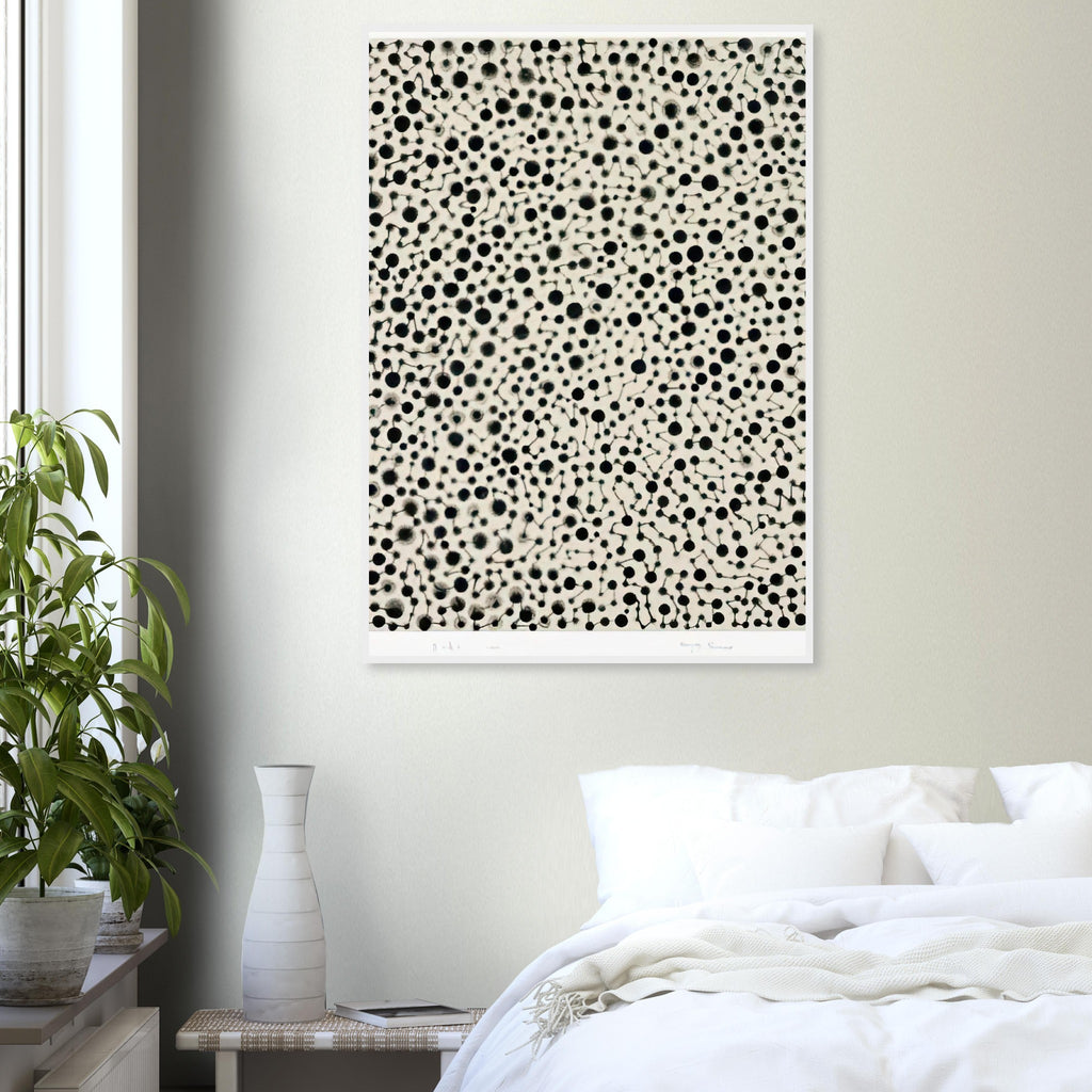 Yayoi Kusama framed print — Tiny black circles, fine linking strands and irregular clusters form an intricate pattern against a pale surface