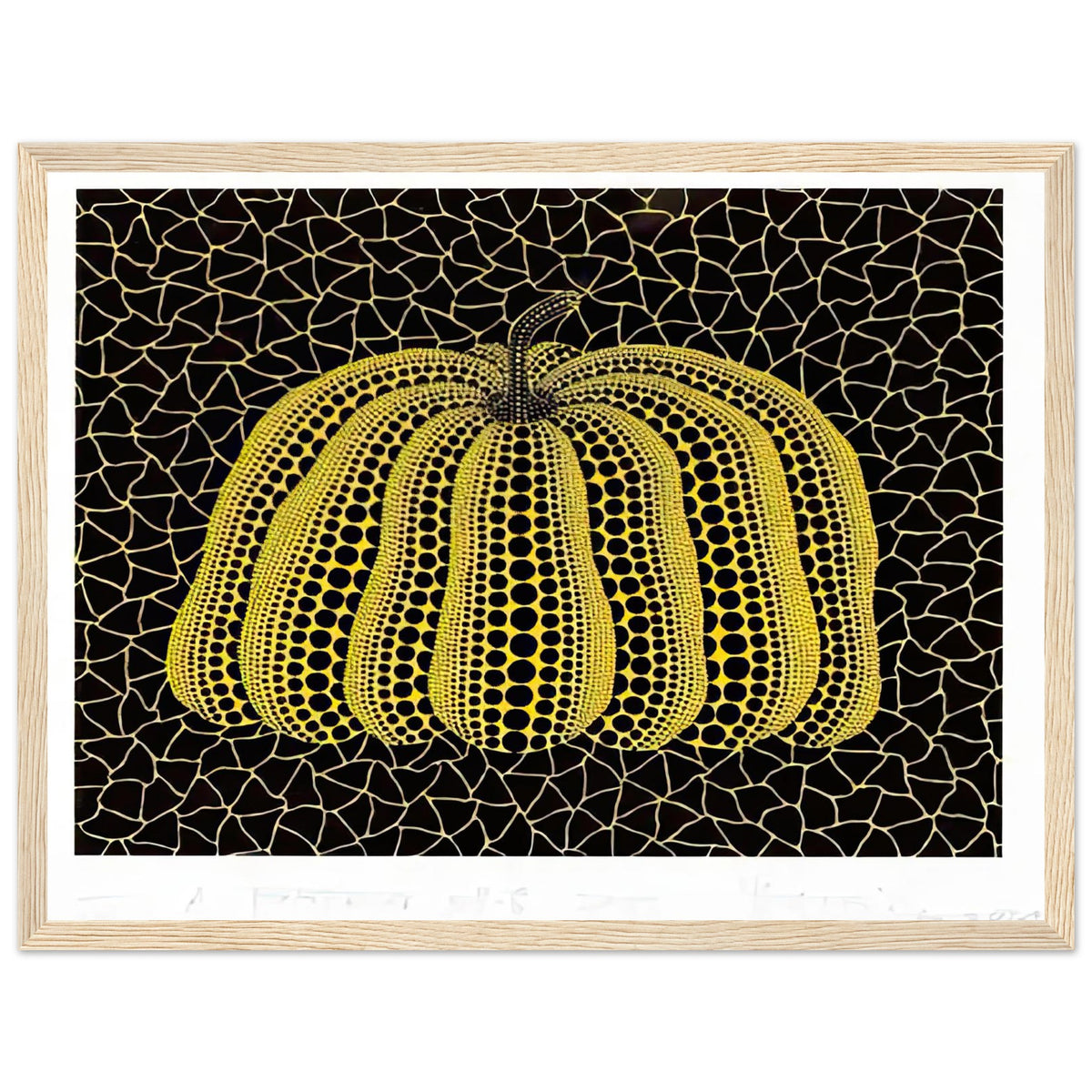 Yayoi Kusama framed print — Pumpkin (YB-B) [Kusama 327] revisits Kusama’s best-known vegetable through the relationship between its distinctive form and repeating ornament, wood frame, 30x40 cm / 12x16″