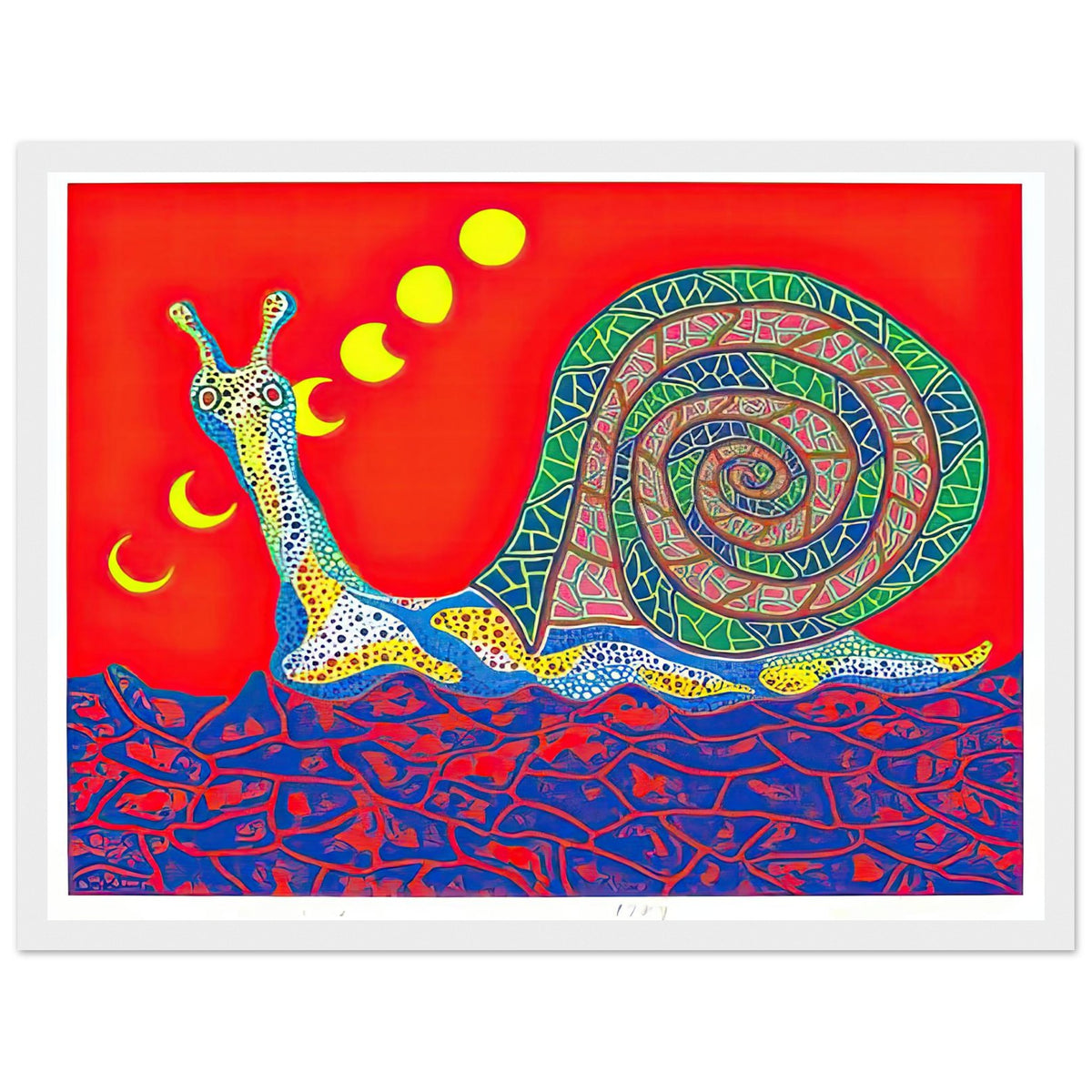 Yayoi Kusama framed print — Snail takes a slow-moving creature and makes its spiral shell and delicate movement the center of attention, white frame, 30x40 cm / 12x16″