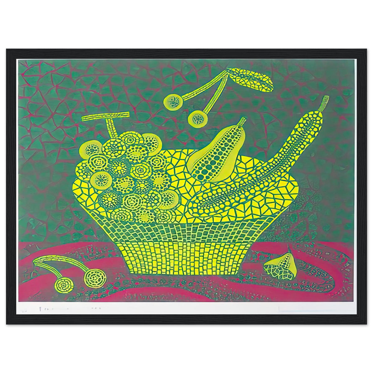 Yayoi Kusama framed print — Fruit Basket (4) by Yayoi Kusama explores one of the artist’s recurring subjects: the abundance of ordinary fruit, black frame, 30x40 cm / 12x16″