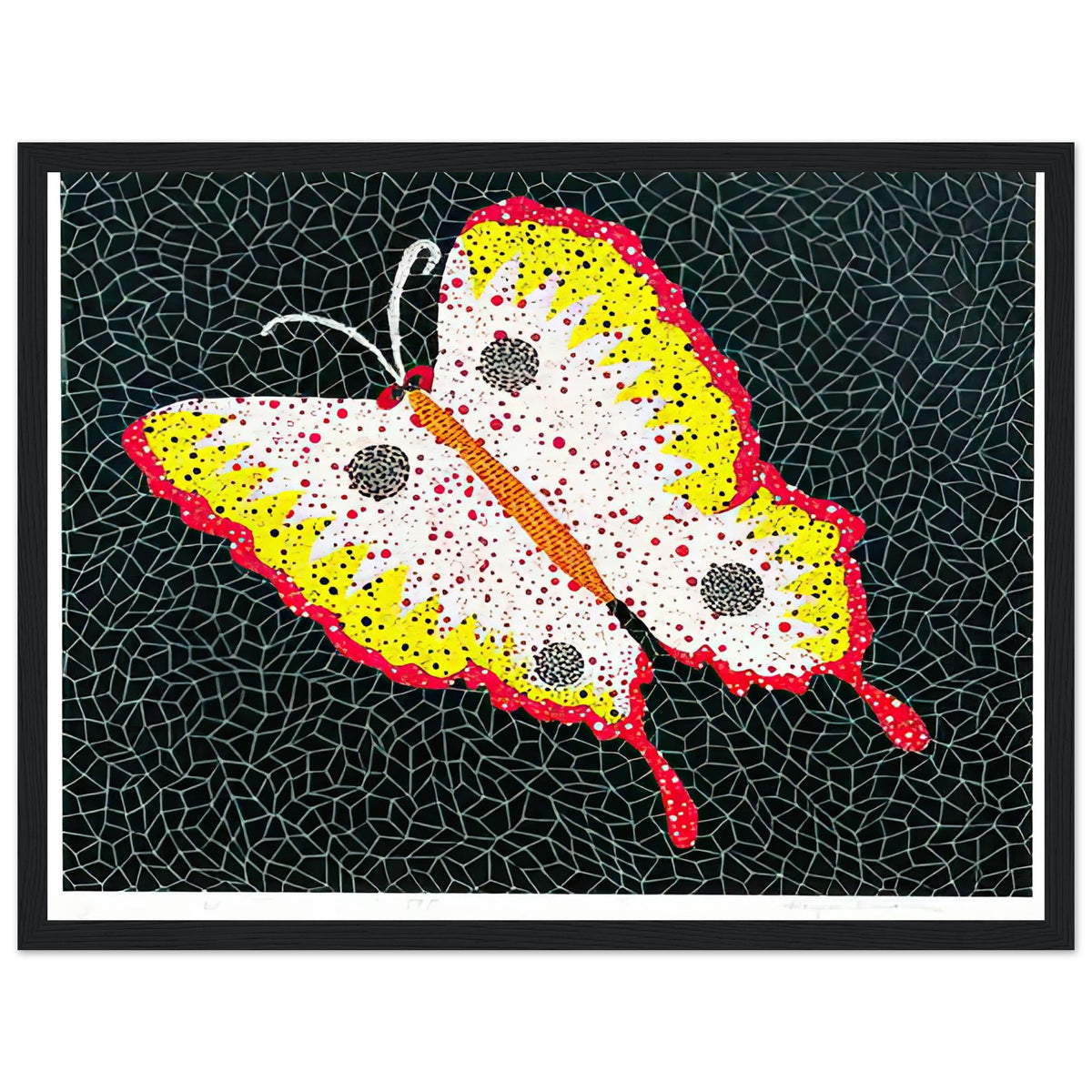 Yayoi Kusama framed print — Butterfly [Kusama 81] by Yayoi Kusama takes the lightness of a butterfly and gives it graphic intensity through pattern, black frame, 30x40 cm / 12x16″