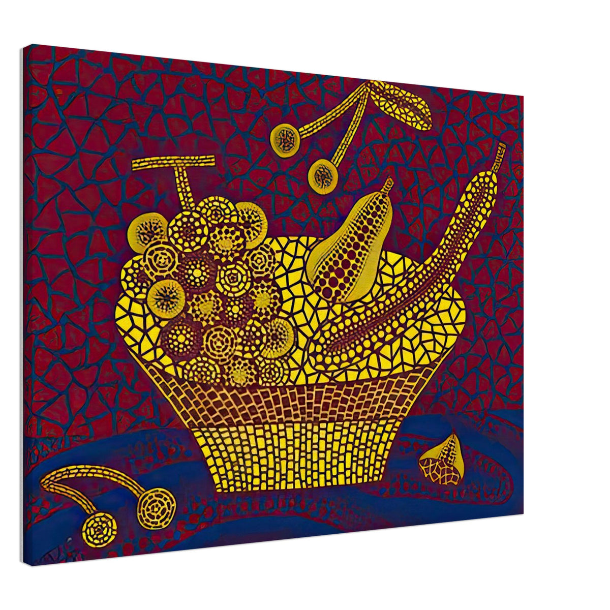 Yayoi Kusama canvas print — Fruit Basket (2) by Yayoi Kusama explores one of the artist’s recurring subjects: the abundance of ordinary fruit, 60x80 cm / 24x32″