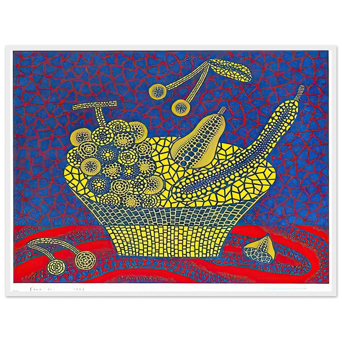 Yayoi Kusama framed print — Fruit Basket (1) by Yayoi Kusama explores one of the artist’s recurring subjects: the abundance of ordinary fruit, white frame, 60x80 cm / 24x32″