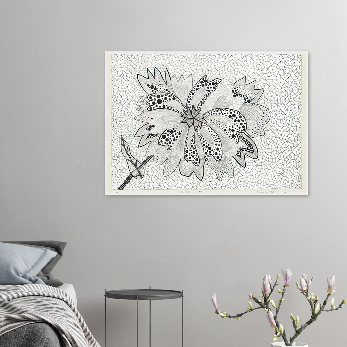 Yayoi Kusama framed print — Flower (A–B) places two designated botanical variations together in a single listing
