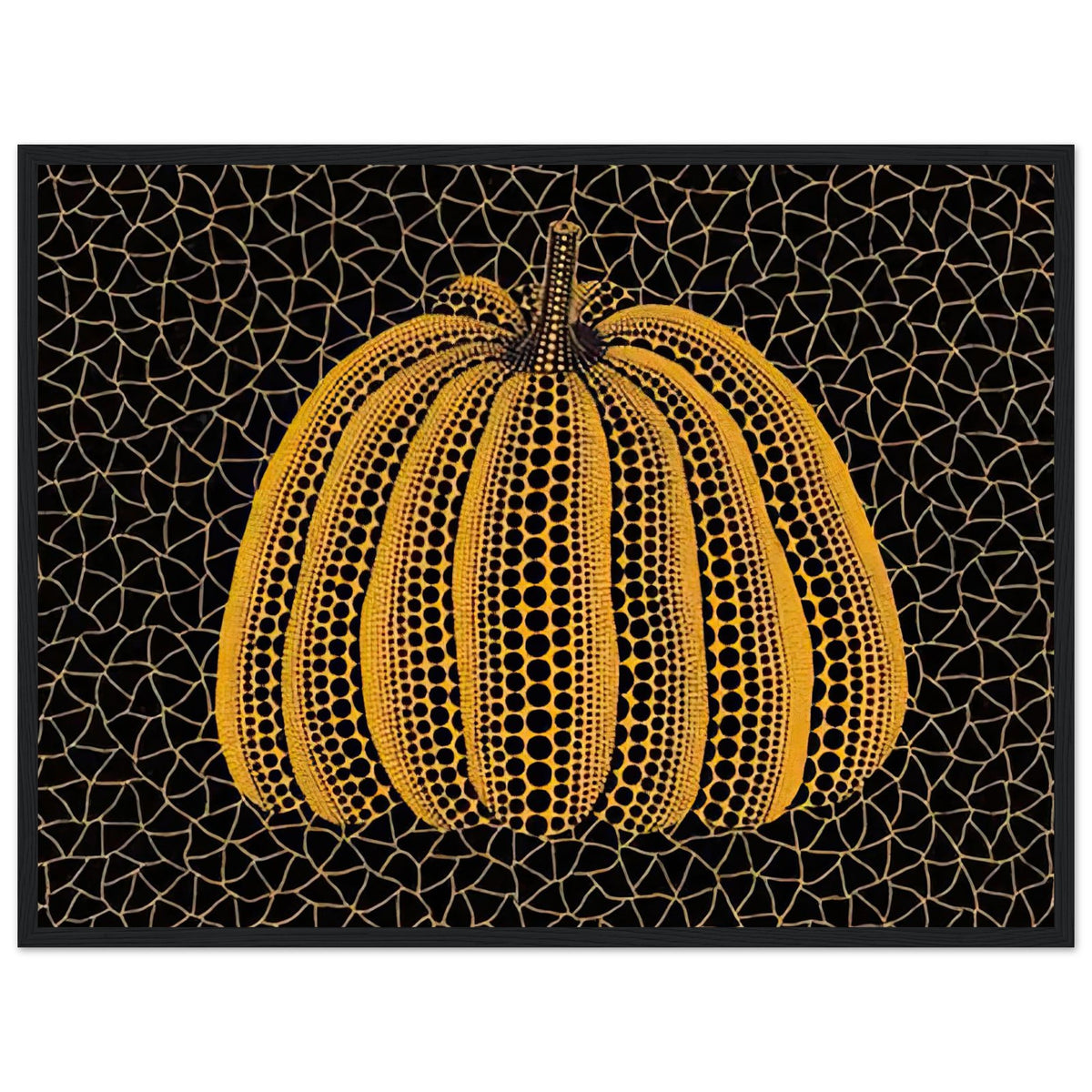 Yayoi Kusama framed print — Pumpkin (YY) [Kusama 231] revisits Kusama’s best-known vegetable through the relationship between its distinctive form and repeating ornament, black frame, 45x60 cm / 18x24″