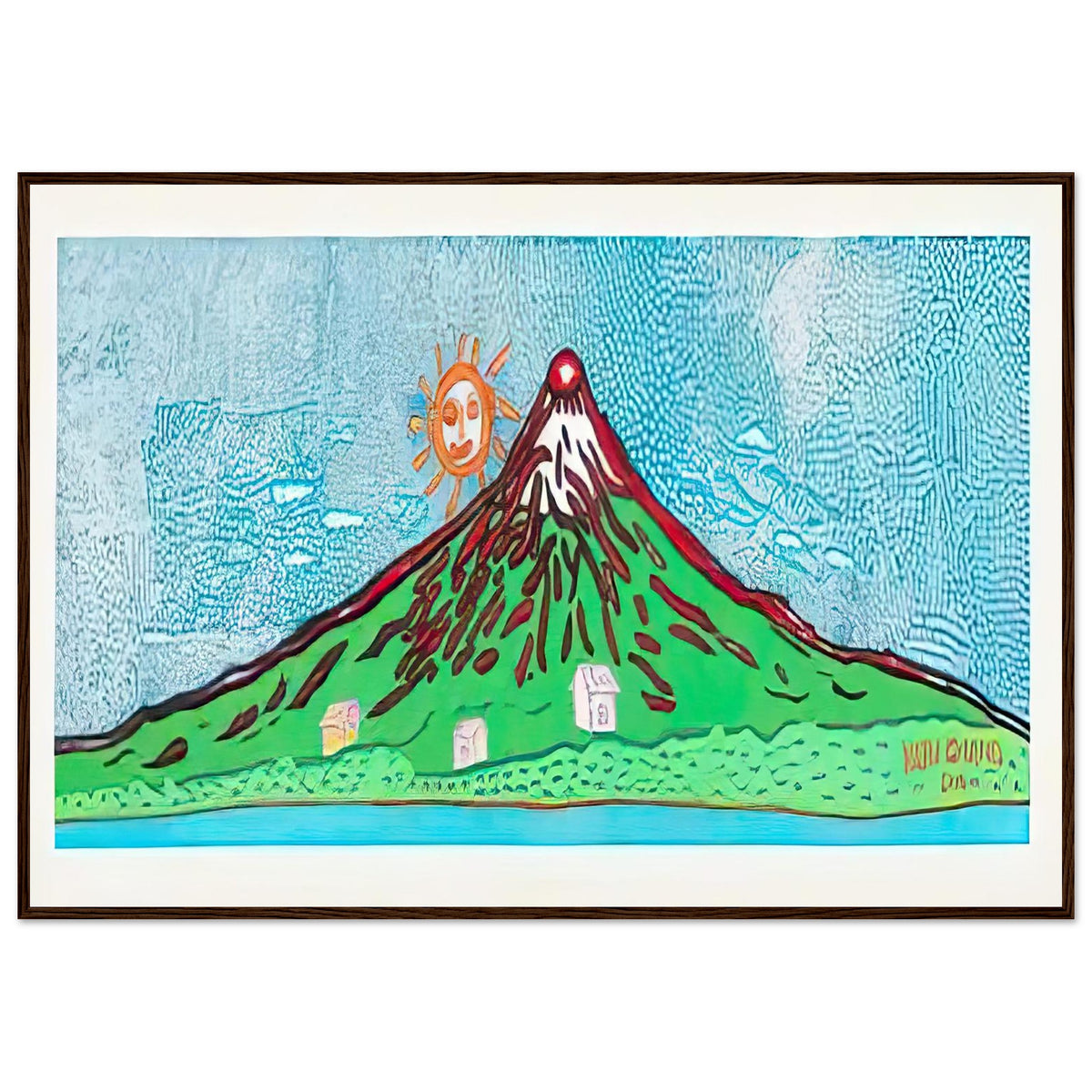Yayoi Kusama framed print — Mt. Fuji in Seven Colours: All About Mt. Fuji That I Have Loved My Whole Life is, dark wood frame, 70x100 cm / 28x40″