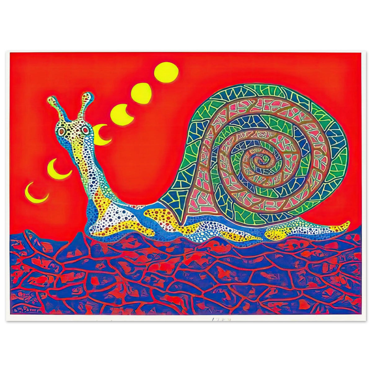 Yayoi Kusama poster — Snail takes a slow-moving creature and makes its spiral shell and delicate movement the center of attention, 15x20 cm / 6x8″