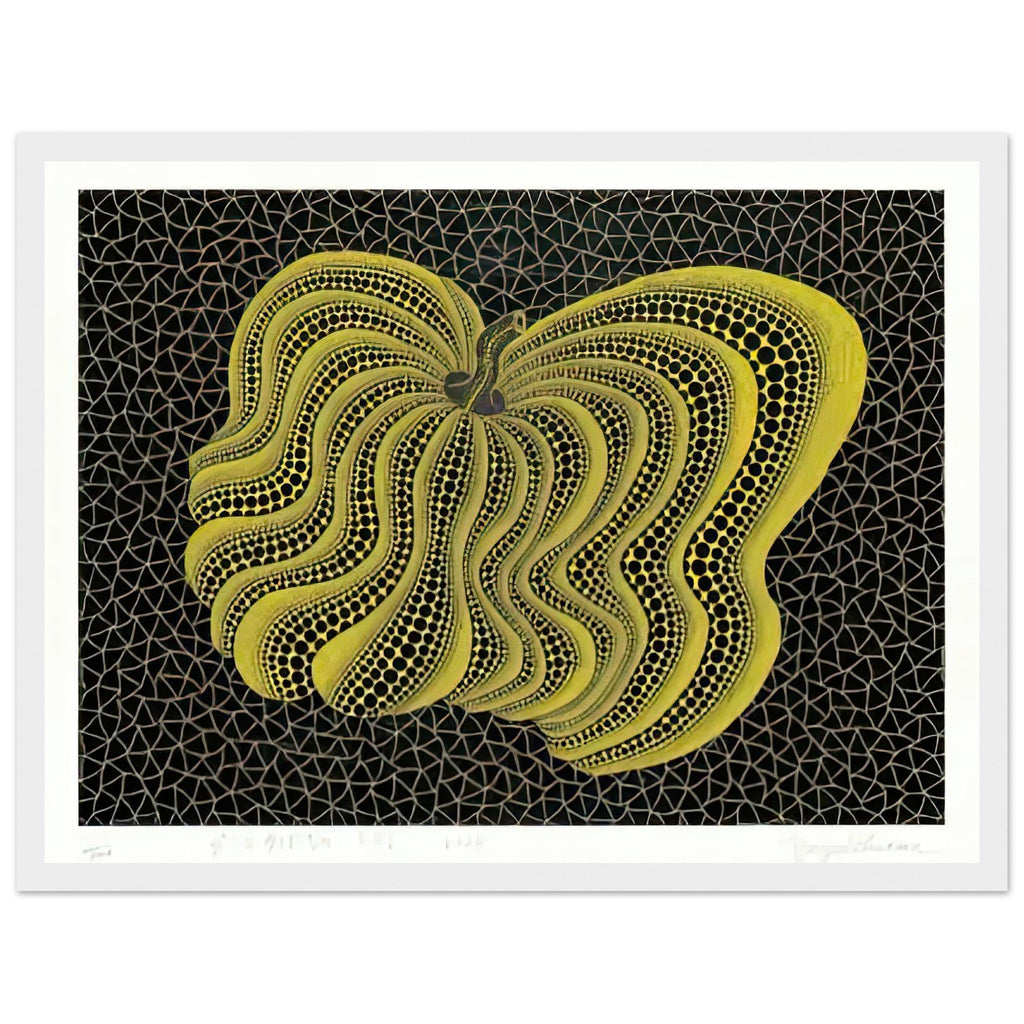 Yayoi Kusama framed print — Dancing Pumpkin (YBL) [Kusama 320] presents the gourd as a figure in motion, white frame, 30x40 cm / 12x16″