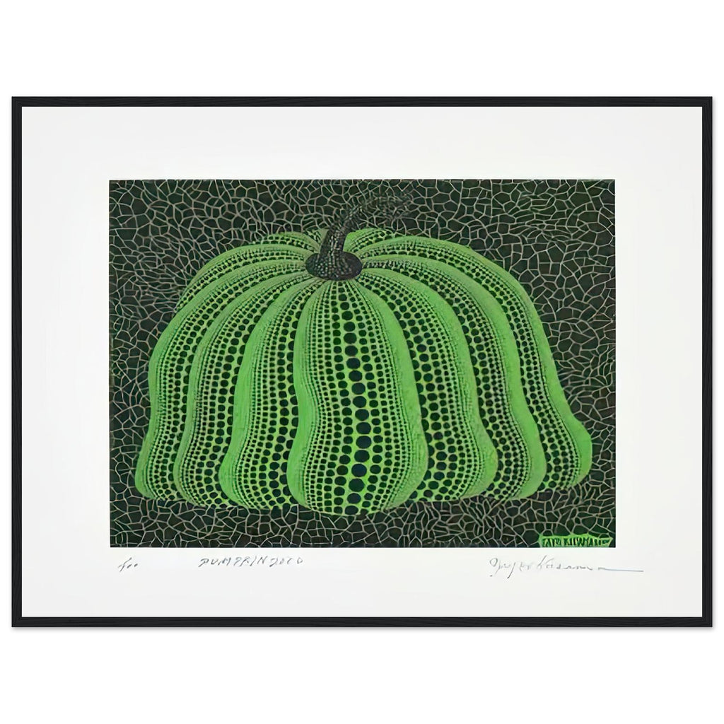 Yayoi Kusama framed print — Pumpkin 2000 (Green) uses a green treatment to reinterpret one of Kusama’s most affectionate subjects