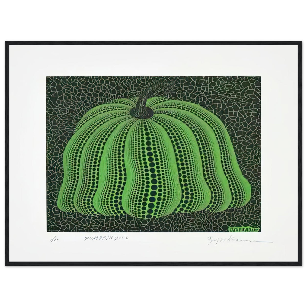 Yayoi Kusama framed print — Pumpkin 2000 (Green) uses a green treatment to reinterpret one of Kusama’s most affectionate subjects