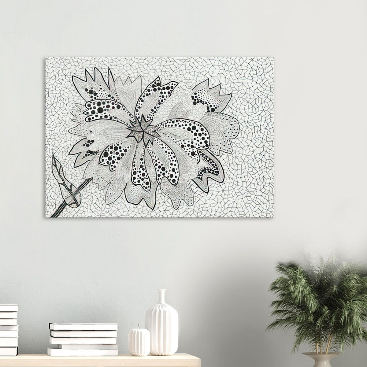 Yayoi Kusama canvas print — Flower (A–B) places two designated botanical variations together in a single listing