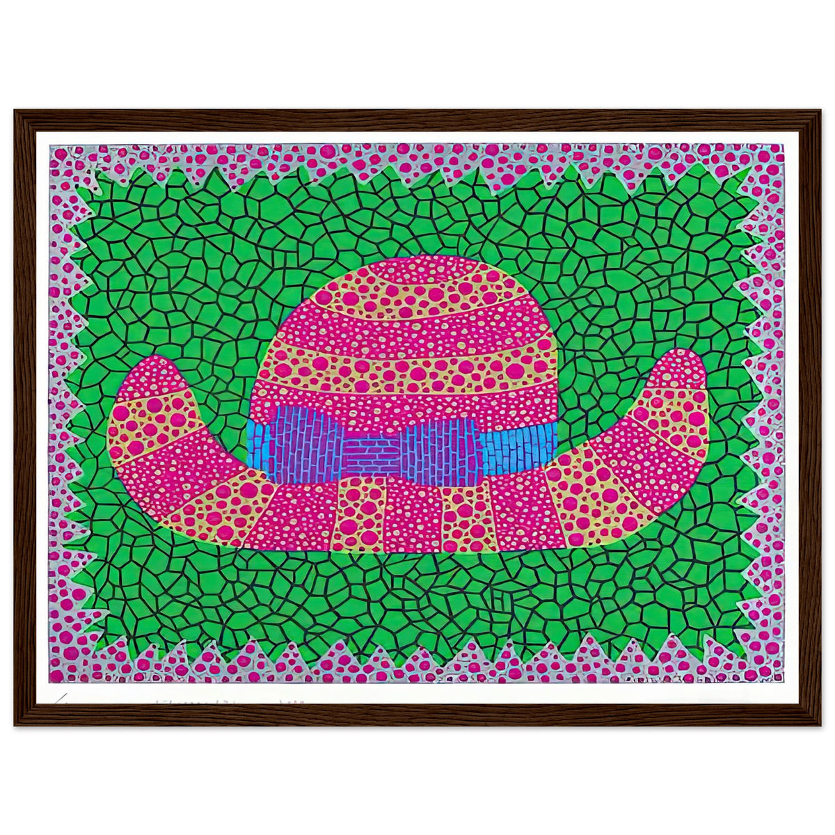 Yayoi Kusama framed print — Hat II turns an everyday hat into a subject for playful observation, dark wood frame, 30x40 cm / 12x16″