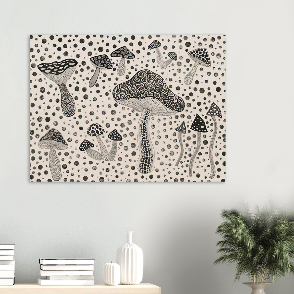 Yayoi Kusama poster — Mushrooms brings a humble woodland organism into Kusama’s world of organic growth and proliferating forms