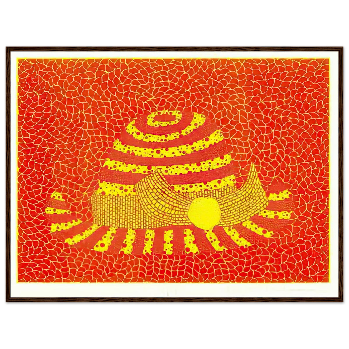 Yayoi Kusama framed print — Hat (Orange) presents a familiar accessory as an exercise in changing color and graphic character, dark wood frame, 60x80 cm / 24x32″
