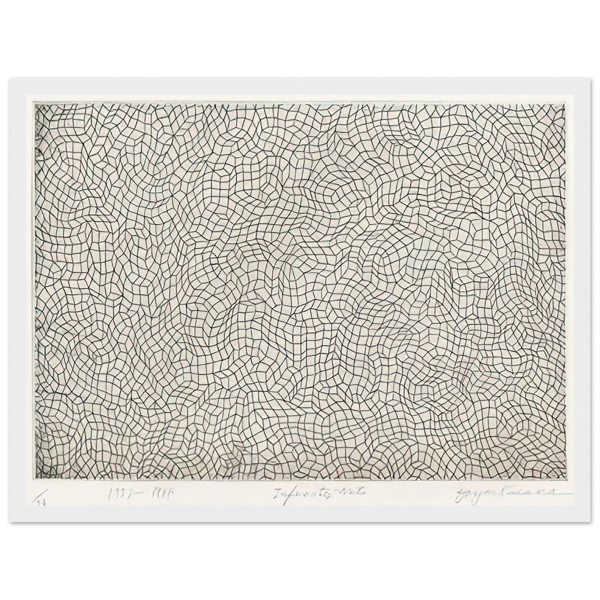 Yayoi Kusama framed print — Infinity Nets [Kusama 51] explores Kusama’s Infinity Net as a field built from countless repeated marks, white frame, 30x40 cm / 12x16″