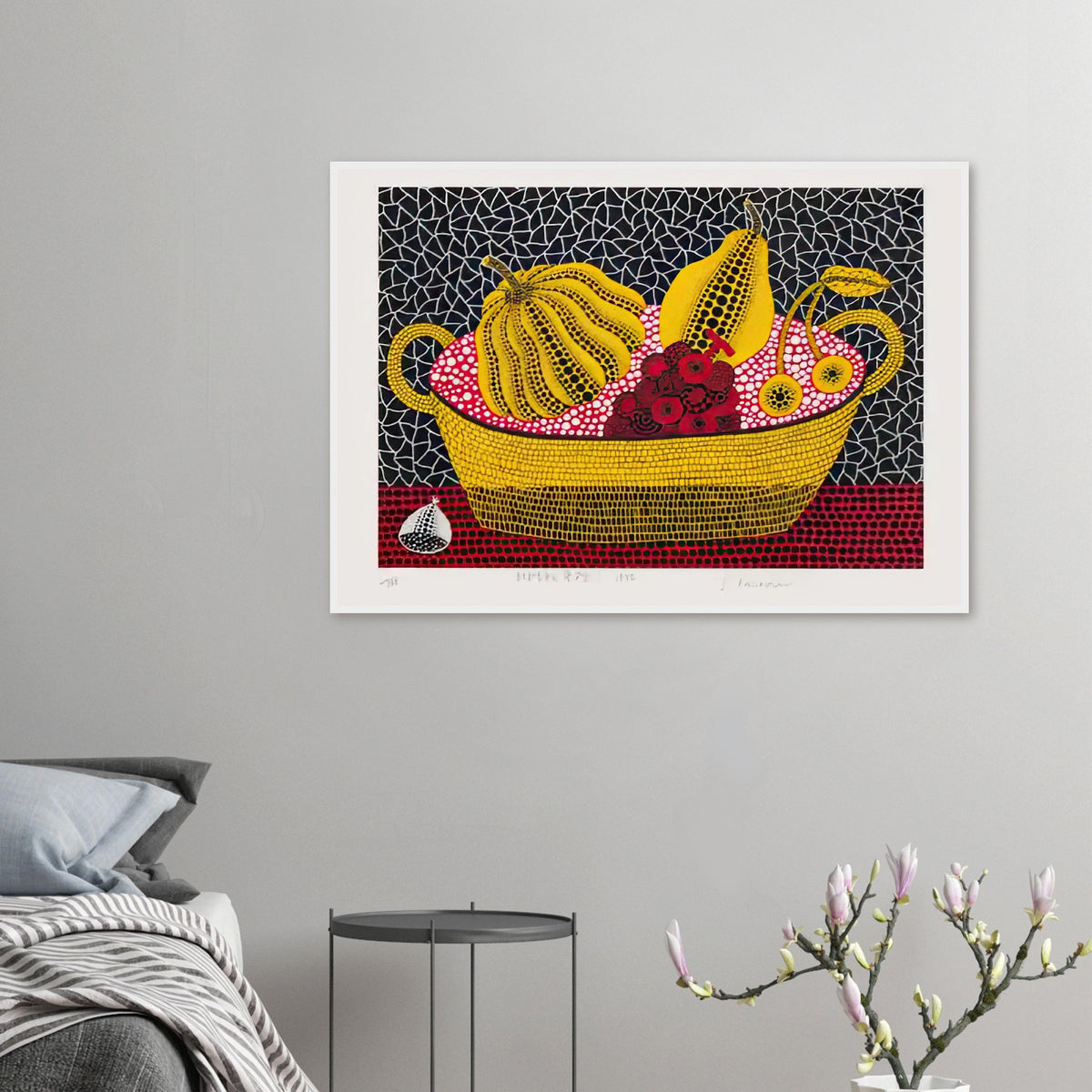 Yayoi Kusama framed print — Pumpkin and Fruits brings a dotted pumpkin into a richly populated still life rather than isolating the gourd on its own