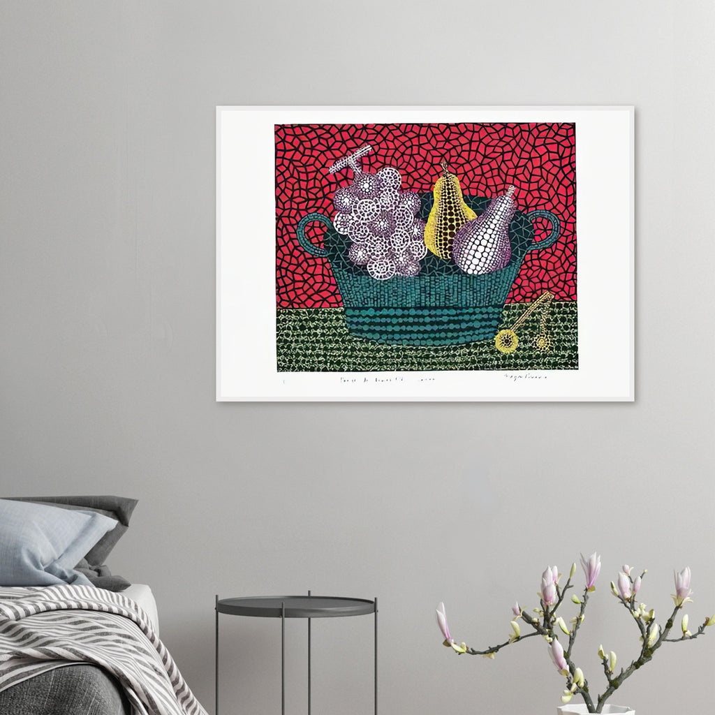 Yayoi Kusama framed print — Panier de Fruits I from Amour pour Toujours turns a basket of fruit into a lively decorative still life