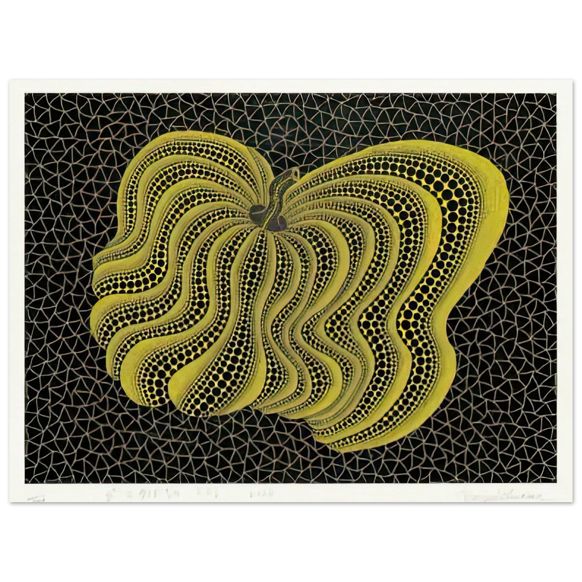 Yayoi Kusama poster — Dancing Pumpkin (YBL) [Kusama 320] presents the gourd as a figure in motion, 15x20 cm / 6x8″