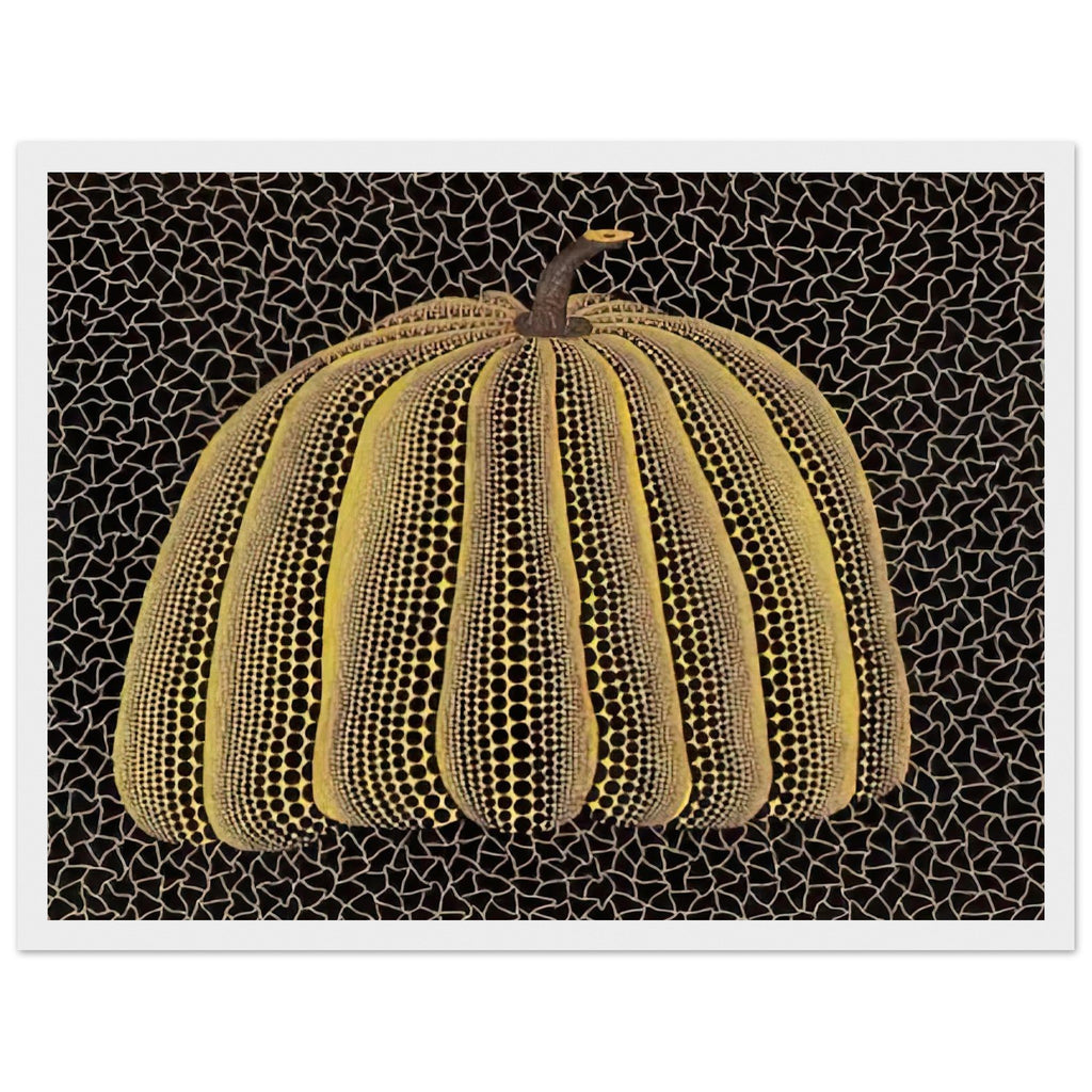Yayoi Kusama framed print — Pumpkin (Yellow Y) [Kusama 148] presents Kusama’s familiar pumpkin through an explicitly yellow variation, white frame, 30x40 cm / 12x16″