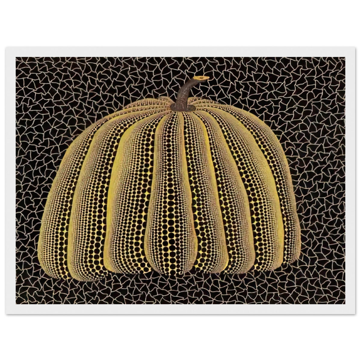 Yayoi Kusama framed print — Pumpkin (Yellow Y) [Kusama 148] presents Kusama’s familiar pumpkin through an explicitly yellow variation, white frame, 30x40 cm / 12x16″