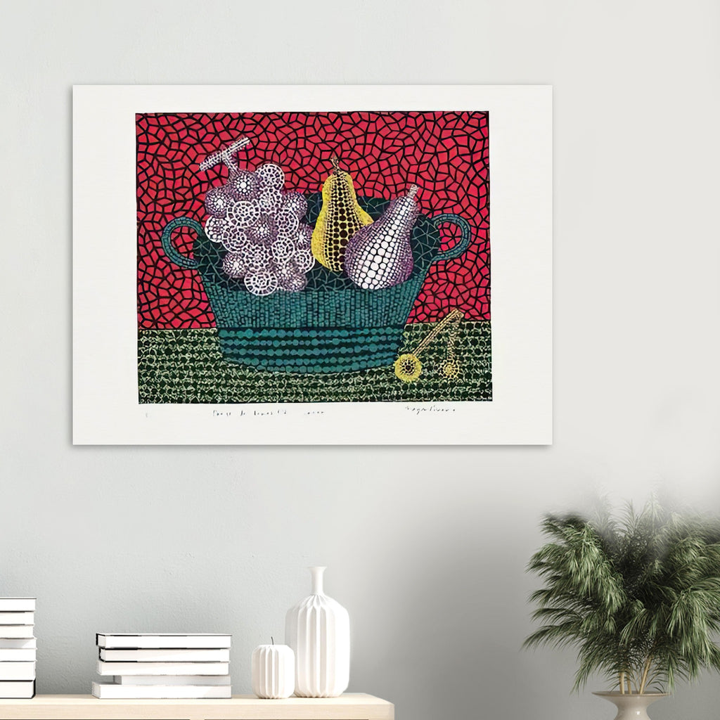 Yayoi Kusama poster — Panier de Fruits I from Amour pour Toujours turns a basket of fruit into a lively decorative still life