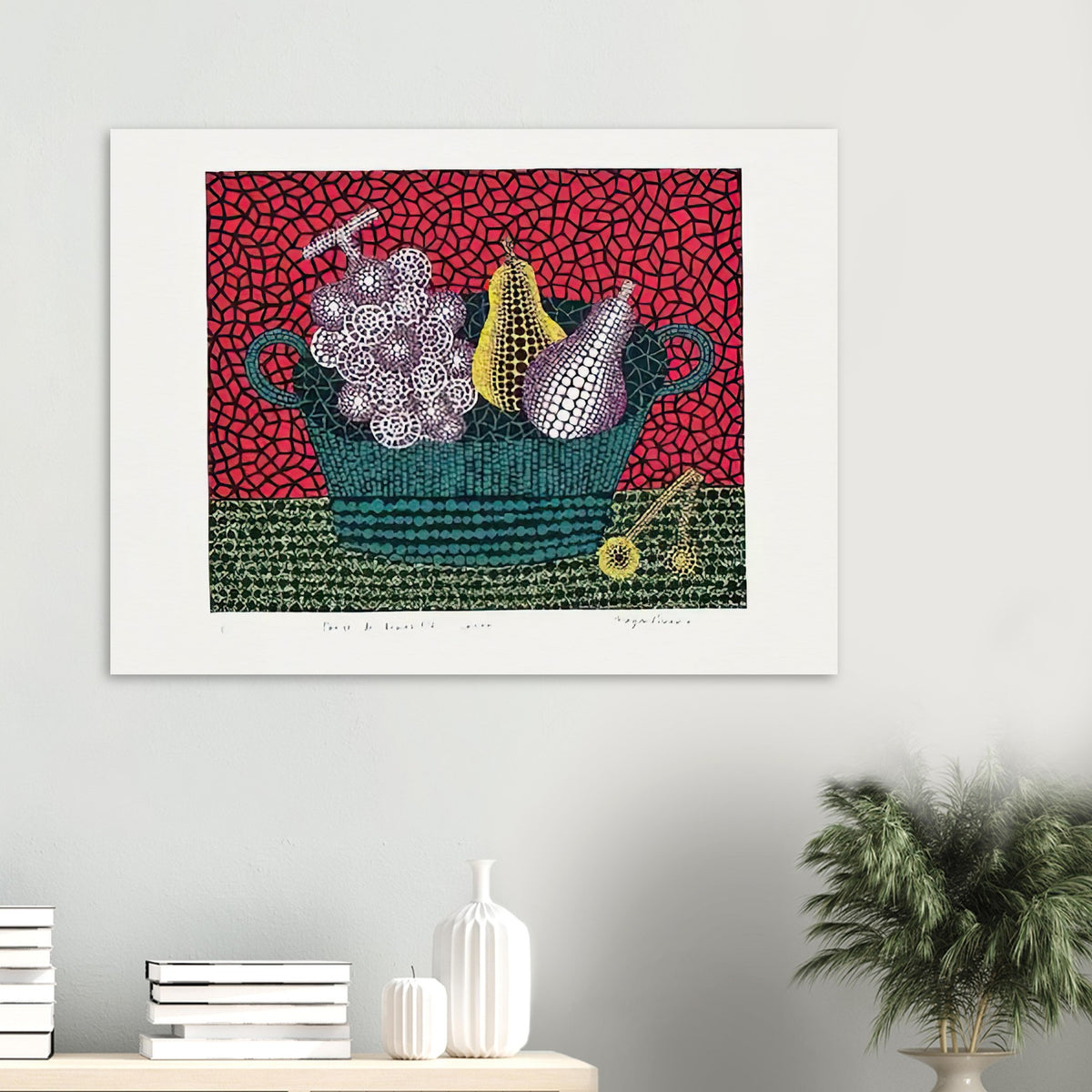 Yayoi Kusama poster — Panier de Fruits I from Amour pour Toujours turns a basket of fruit into a lively decorative still life