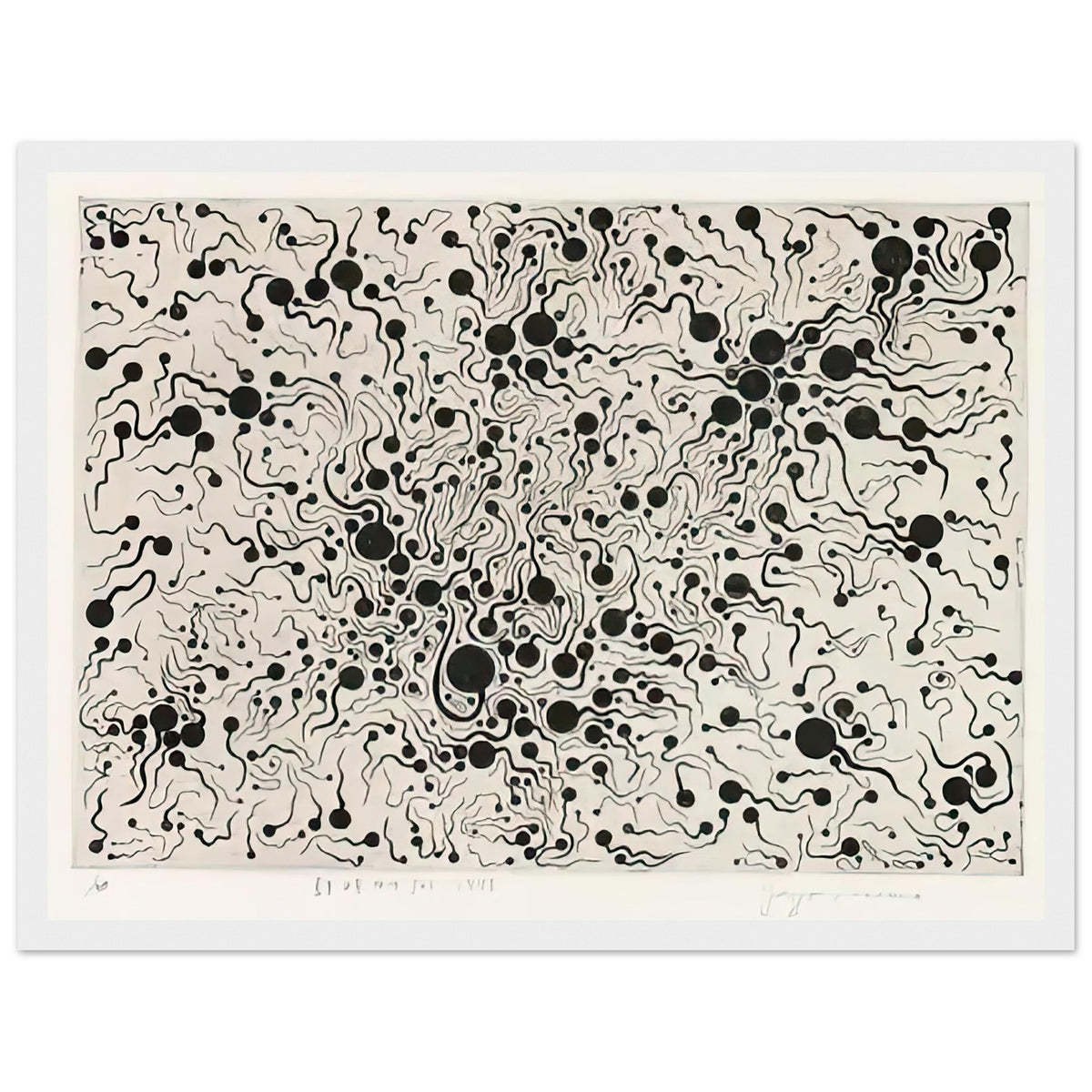 Yayoi Kusama framed print — River at Sunrise brings a moment of natural transition into Kusama’s printmaking imagery, white frame, 30x40 cm / 12x16″