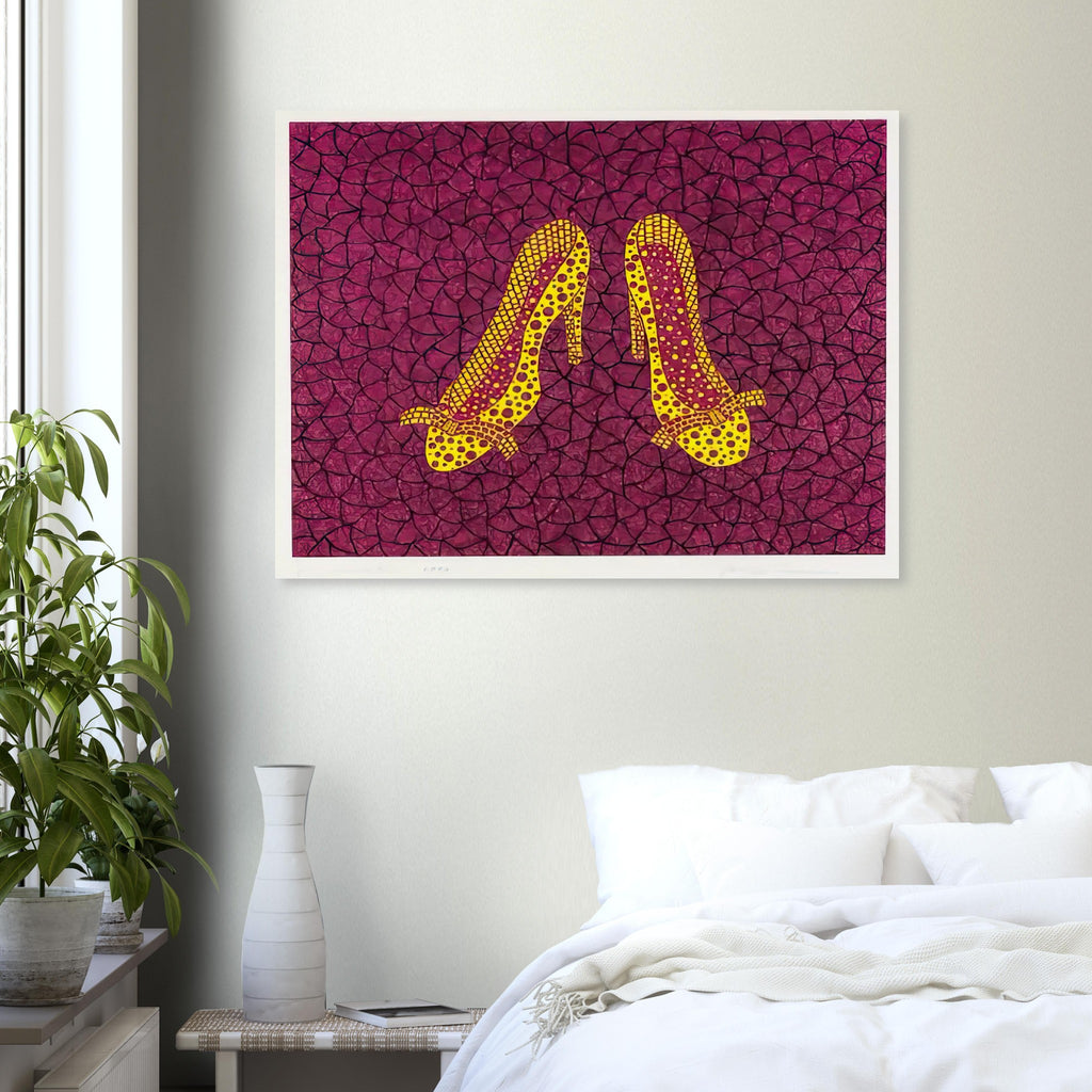 Yayoi Kusama poster — High Heels (2) makes a fashion accessory the protagonist of a Kusama print