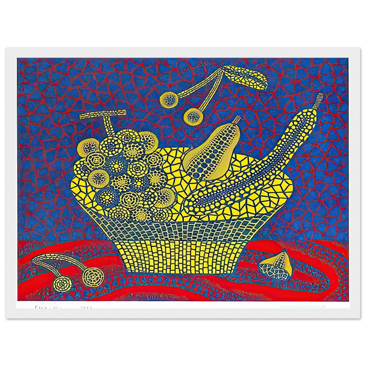 Yayoi Kusama framed print — Fruit Basket (1) by Yayoi Kusama explores one of the artist’s recurring subjects: the abundance of ordinary fruit, white frame, 30x40 cm / 12x16″