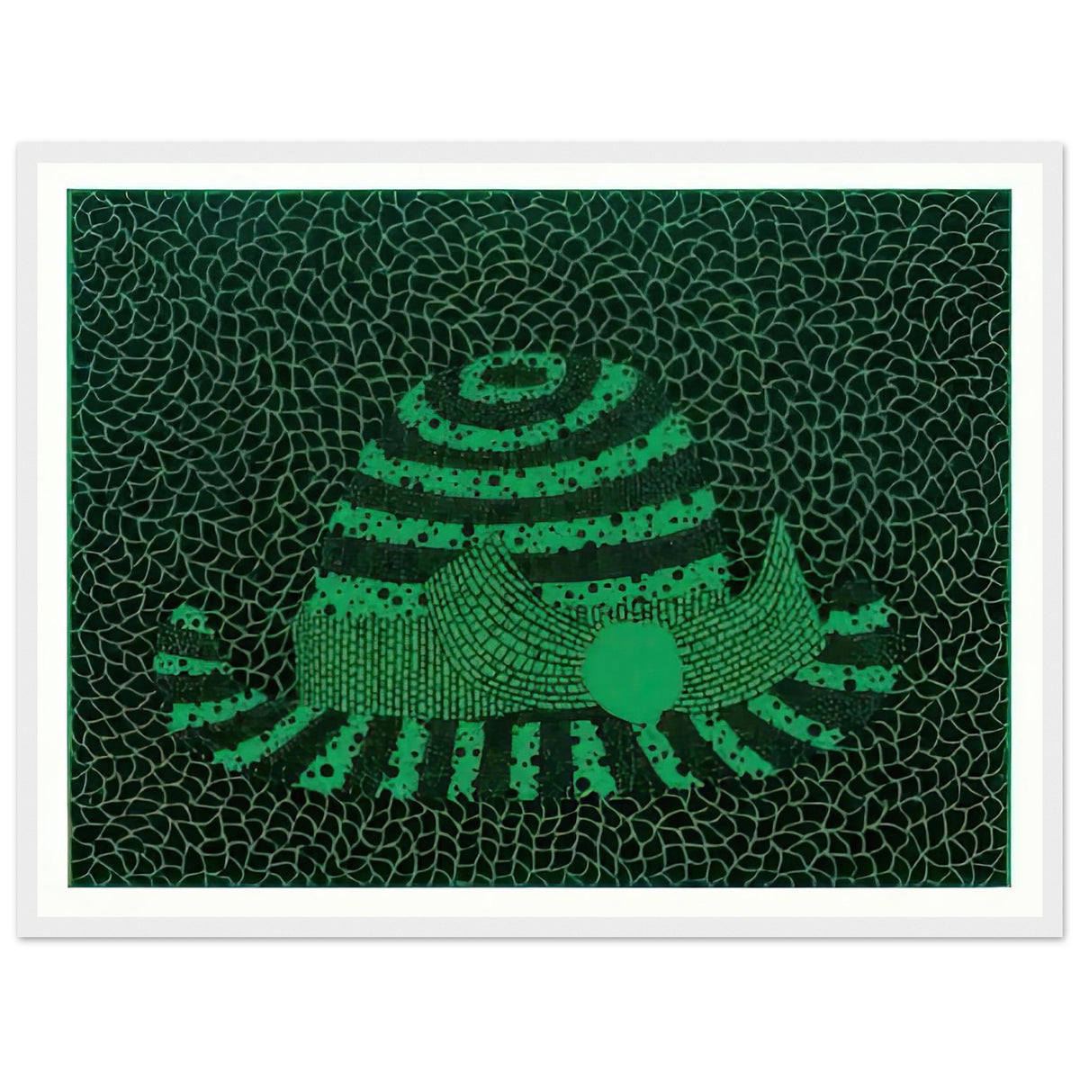 Yayoi Kusama framed print — Hat (Green) presents a familiar accessory as an exercise in changing color and graphic character, white frame, 45x60 cm / 18x24″