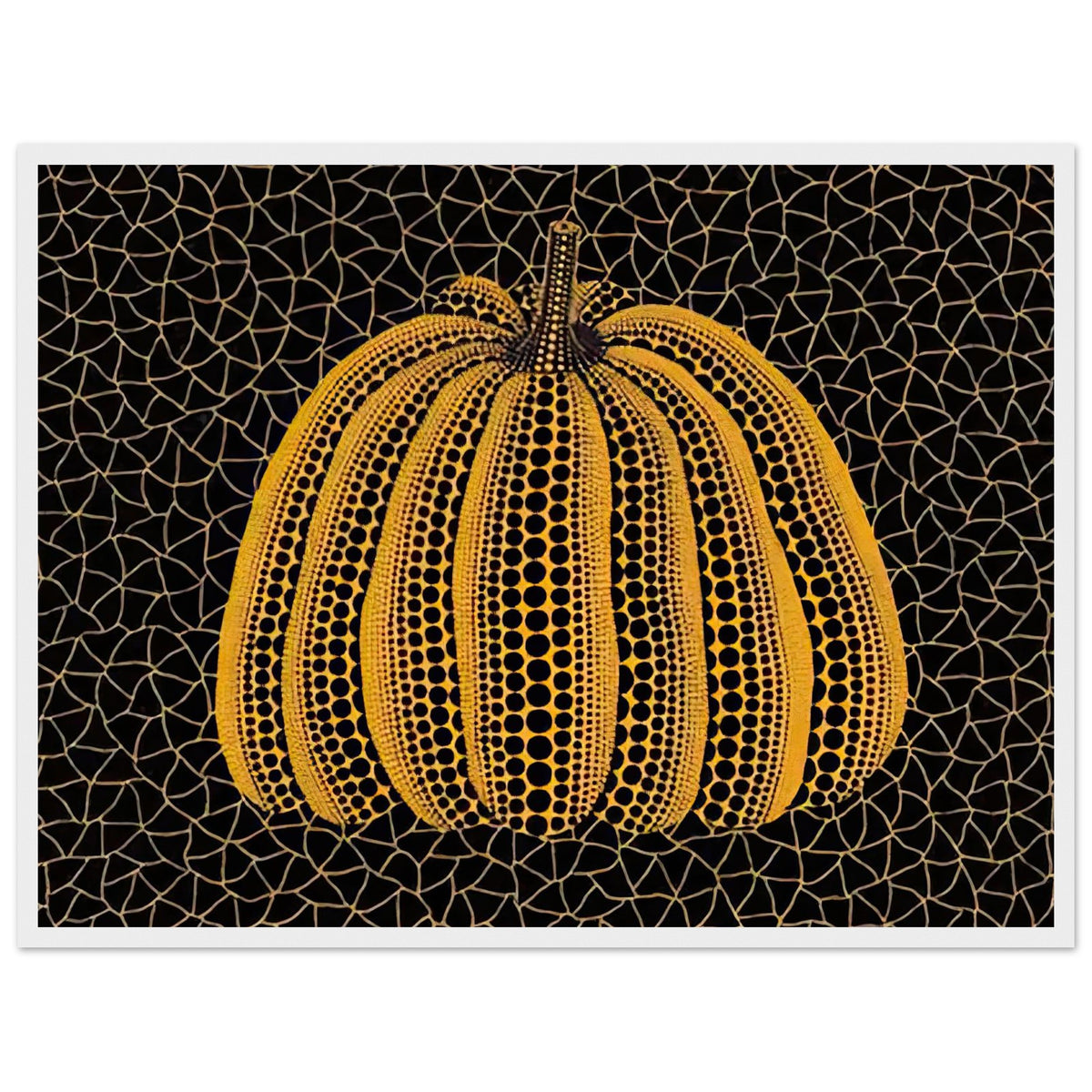 Yayoi Kusama framed print — Pumpkin (YY) [Kusama 231] revisits Kusama’s best-known vegetable through the relationship between its distinctive form and repeating ornament, white frame, 45x60 cm / 18x24″