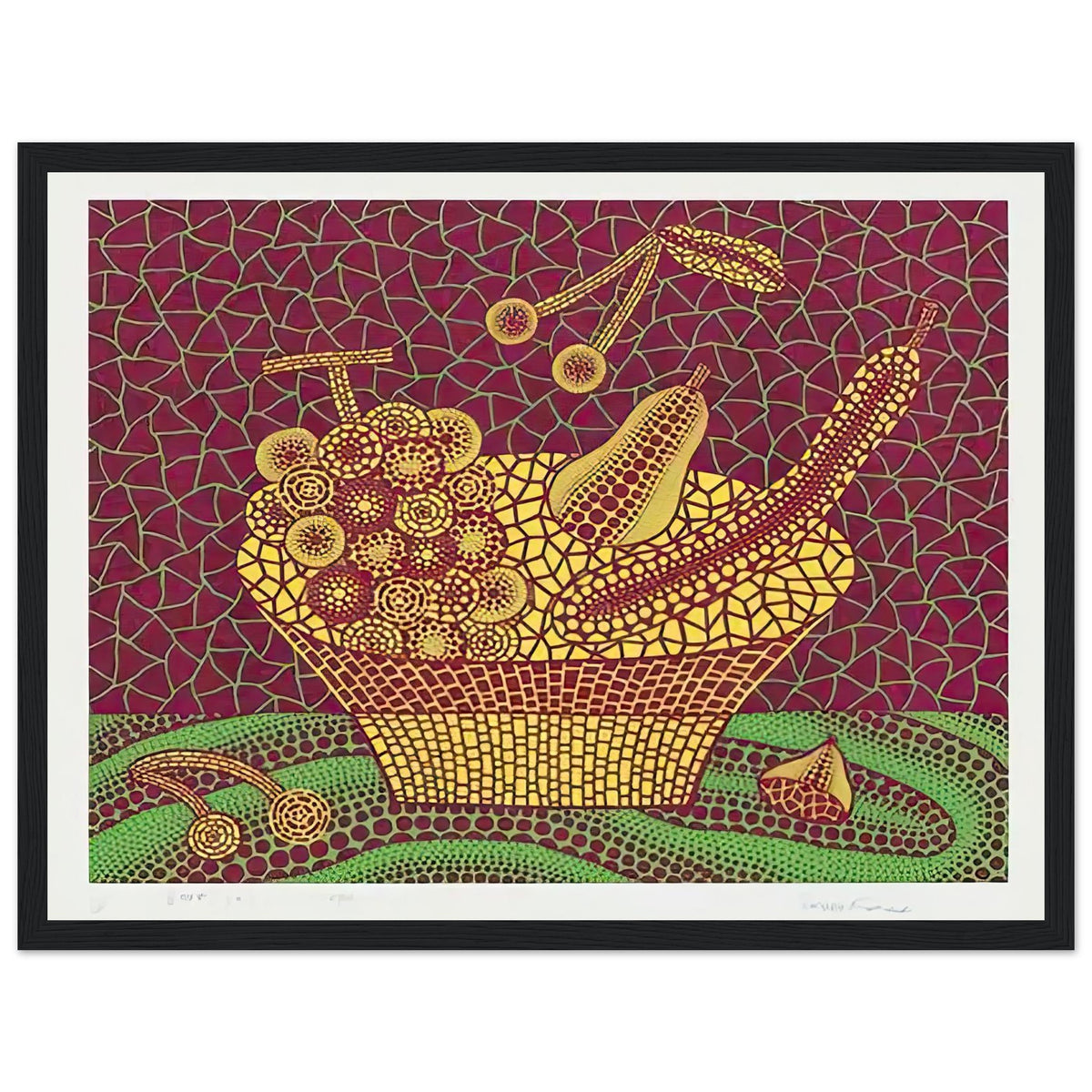 Yayoi Kusama framed print — Fruit Basket (3) by Yayoi Kusama explores one of the artist’s recurring subjects: the abundance of ordinary fruit, black frame, 30x40 cm / 12x16″