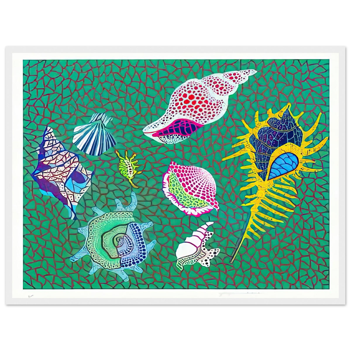 Yayoi Kusama framed print — Shells draws attention to small natural objects whose curved structures and repeating ridges are already pattern-like, white frame, 45x60 cm / 18x24″
