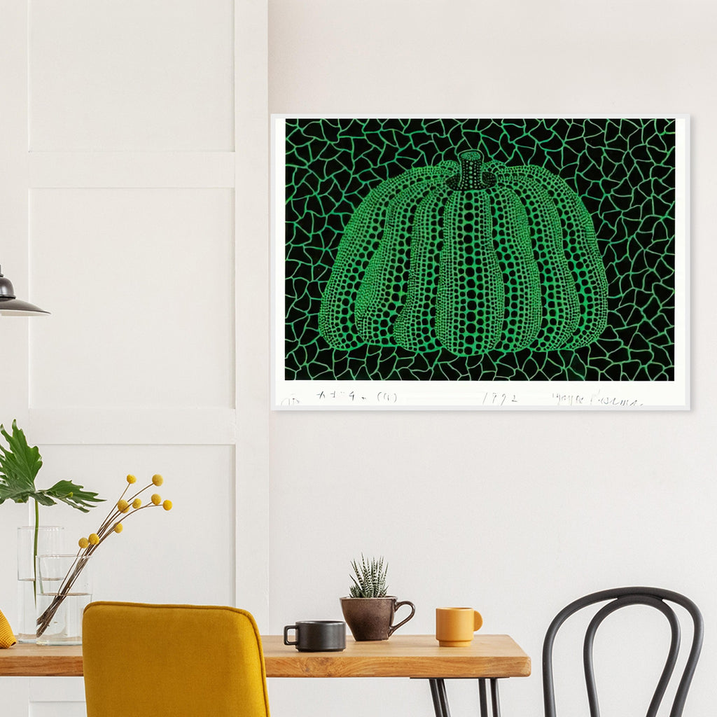 Yayoi Kusama framed print — Pumpkin (G) [Kusama 151] revisits Kusama’s best-known vegetable through the relationship between its distinctive form and repeating ornament