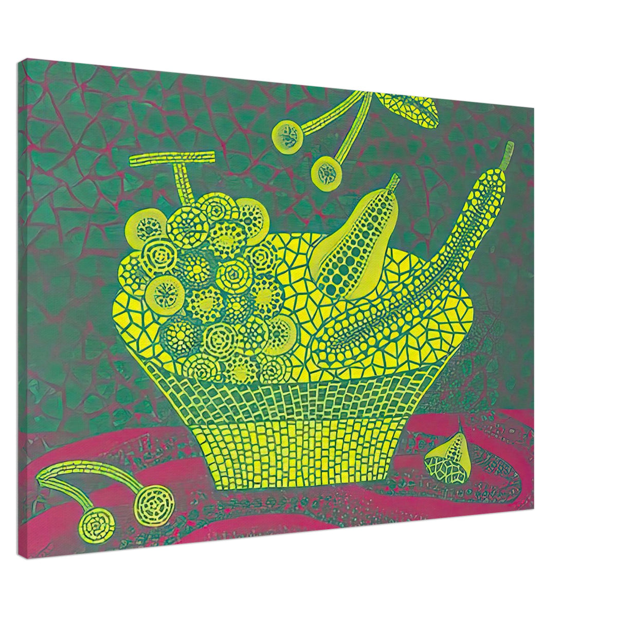 Yayoi Kusama canvas print — Fruit Basket (4) by Yayoi Kusama explores one of the artist’s recurring subjects: the abundance of ordinary fruit, 70x100 cm / 28x40″