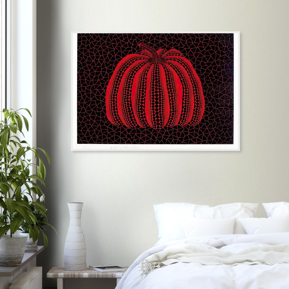 Yayoi Kusama framed print — Pumpkin (RY) [Kusama 233] revisits Kusama’s best-known vegetable through the relationship between its distinctive form and repeating ornament