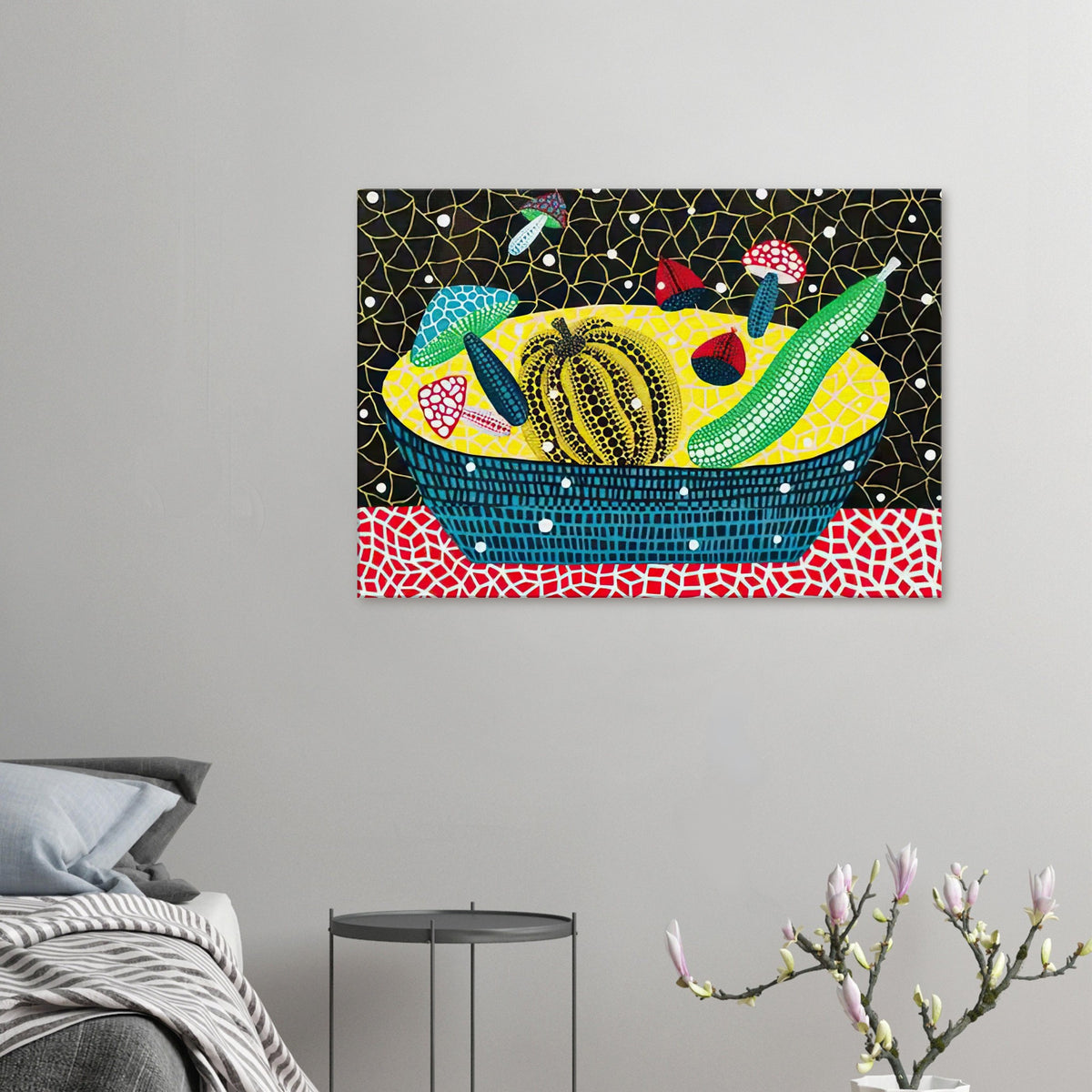 Yayoi Kusama canvas print — Fruits (2) turns an arrangement of fruit into a deliberately ornamental still life