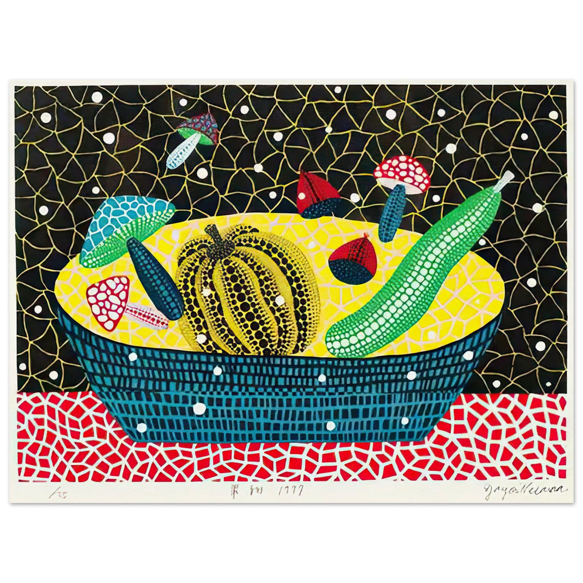 Yayoi Kusama poster — Fruits (2) turns an arrangement of fruit into a deliberately ornamental still life, 75x100 cm / 30x40″