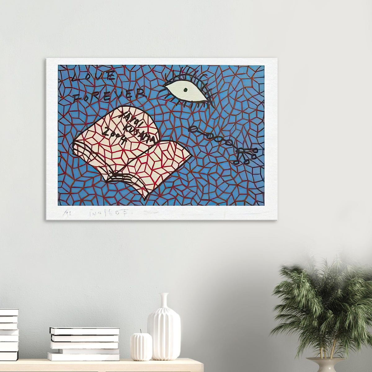 Yayoi Kusama canvas print — Book to Read at Night E places an illustrated book at the center of a strange, poetic visual world